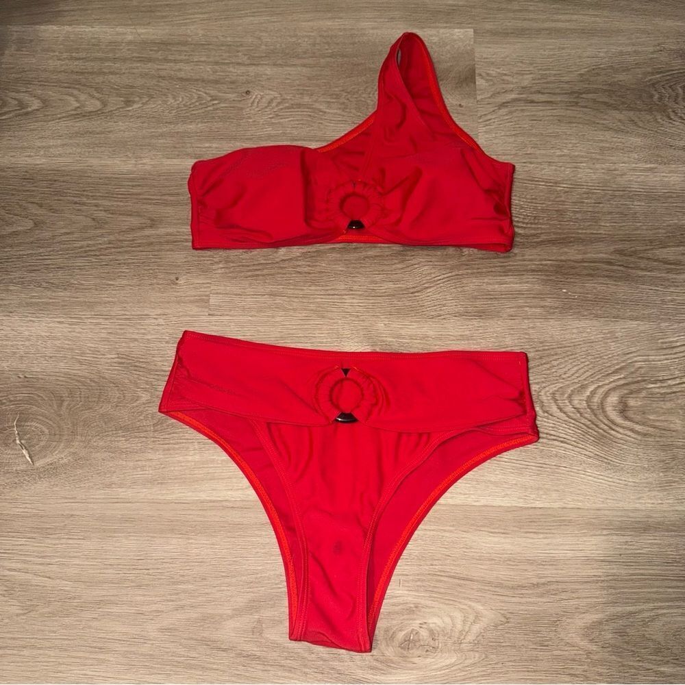 Red One-Shoulder High Waisted Bikini - Picture 3 of 7